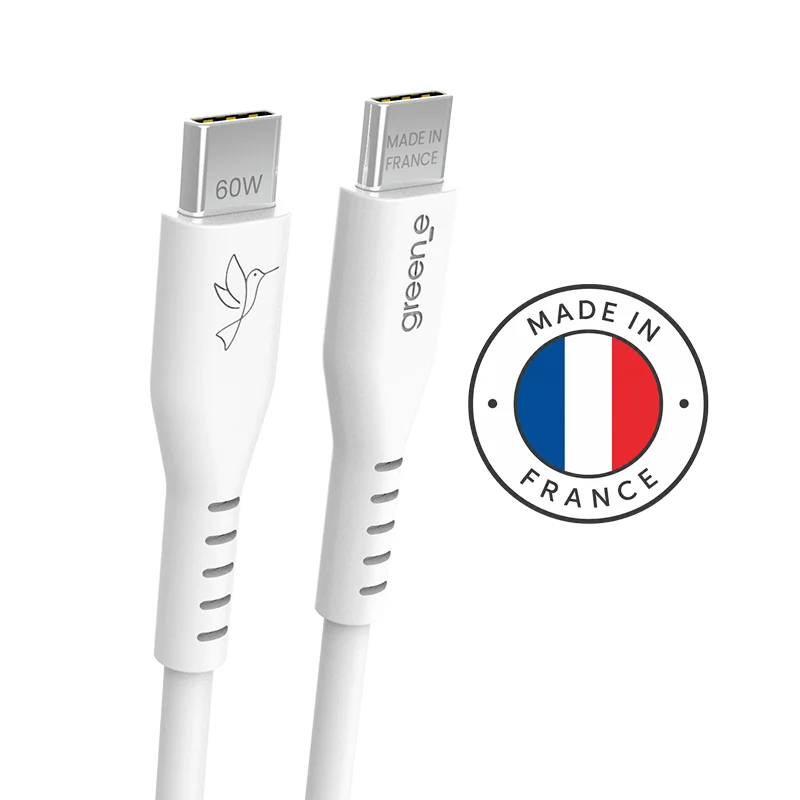 Câbles GREEN_E USB-C 60W Fabriqué en France, 1,20 m, Blanc
