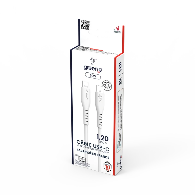 Câbles GREEN_E USB-C 60W Fabriqué en France, 1,20 m, Blanc