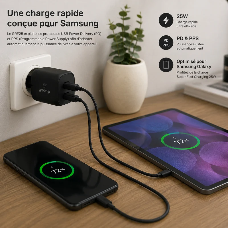 Chargeur Universel USB-C 25W 2 USB-C GREEN-E France - Certifié Origine France Garantie - Noir légende