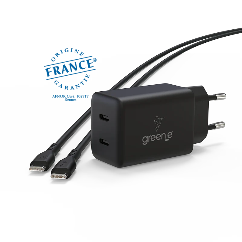 Kit de charge Universel USB-C 67W 2 USB-C GREEN-E France - Certifié Origine France Garantie - Noir légende