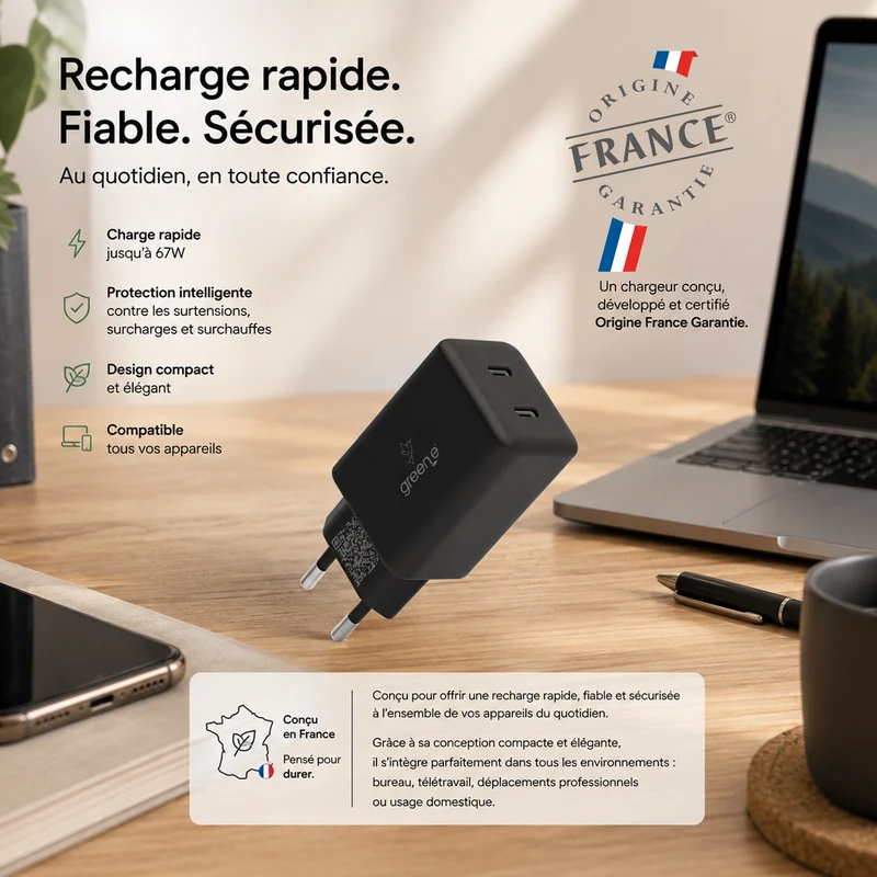 Kit de charge Universel USB-C 67W 2 USB-C GREEN-E France - Certifié Origine France Garantie - Noir légende