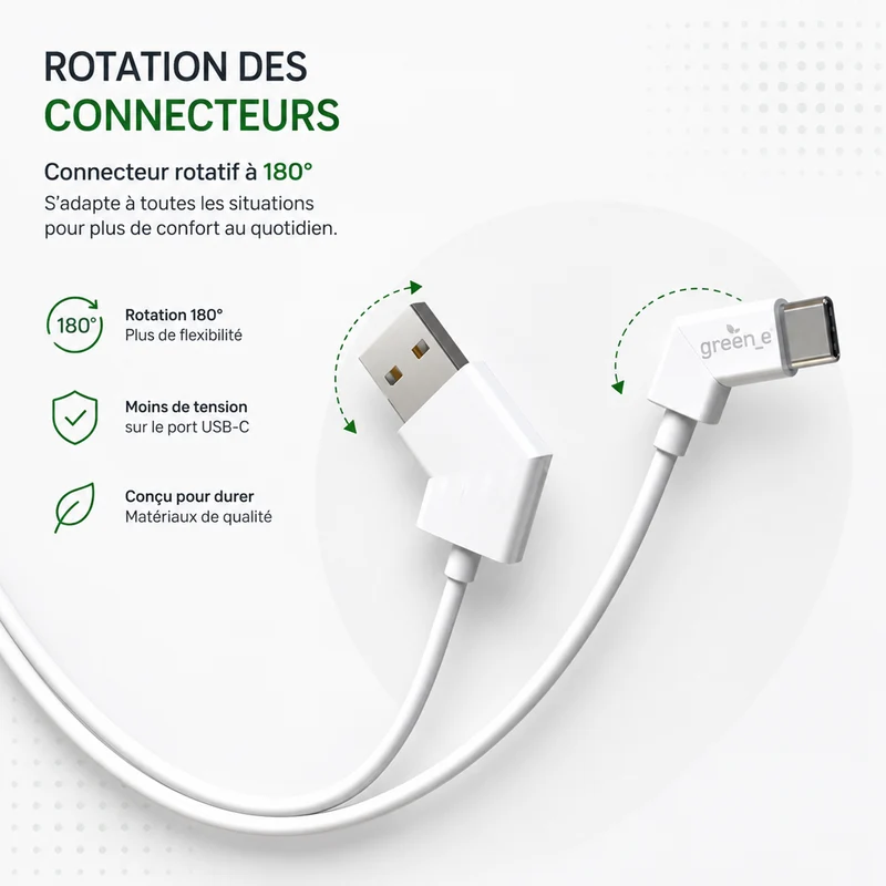 Câble green-e éco-conçu avec embouts rotatifs USB-A vers USB-C, 1,20m, Blanc