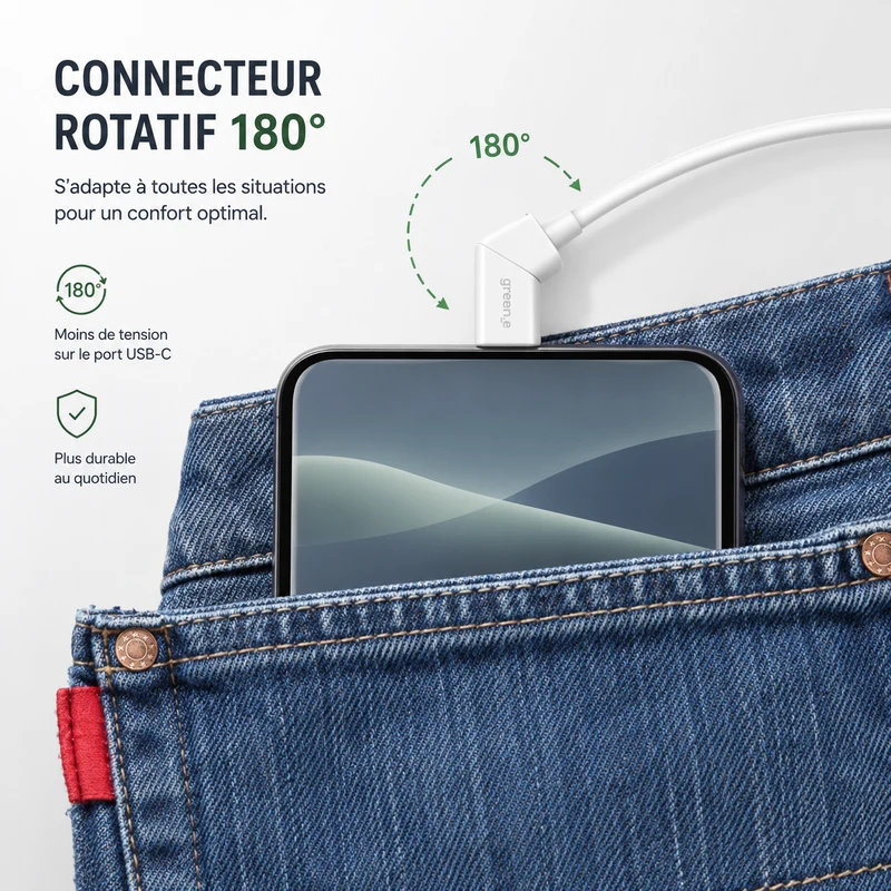 Câble green-e éco-conçu avec embouts rotatifs USB-A vers USB-C, 1,20m, Blanc