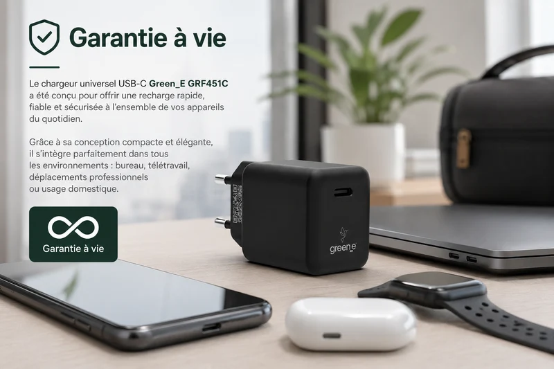 Chargeur Universel USB-C 45W 1 USB-C GREEN-E France - Certifié Origine France Garantie - Noir légende