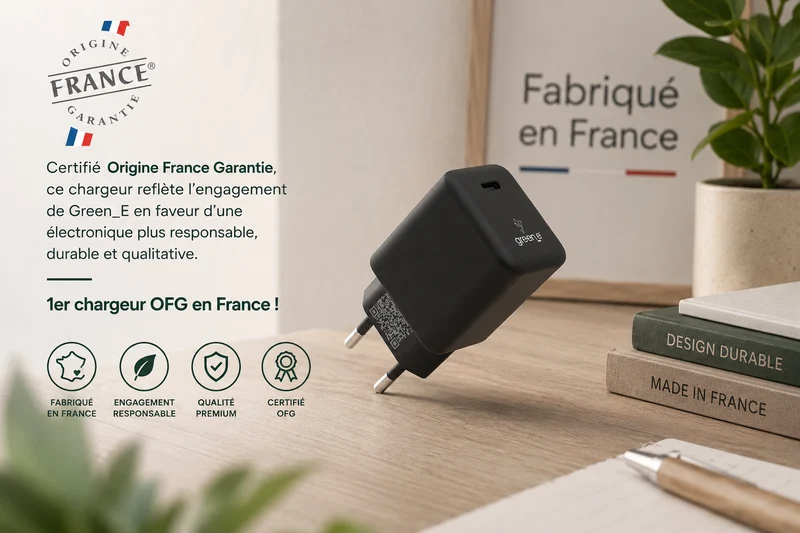 Chargeur Universel USB-C 45W 1 USB-C GREEN-E France - Certifié Origine France Garantie - Noir légende