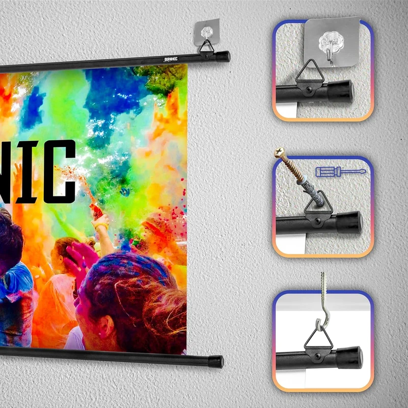 Duronic BPS50 16/9 Ecran de Projection TV et Home Cinema de 50 Pouces 127 cm | 111 x 62 cm | Fixation par Crochets | Barres lestées | Toile pour vidéoprojecteur | Gain +1 idéal pour 3D 8K 4K 1080P