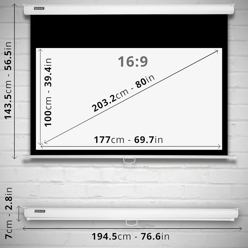 Duronic MPS80 16/9 WE Ecran de Projection TV et Home Cinema de 80 Pouces 203 cm | 177 x 100 cm | Fixation Mur ou Plafond | Déroulement Manuel | Gain +1 idéal pour 3D 8K 4K 1080P