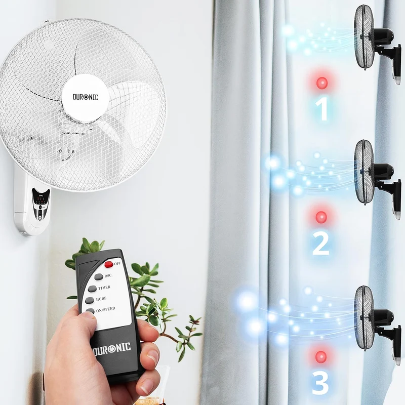 Duronic FN55 WE Ventilateur mural 60W 5 Pâles de 40 cm Tête oscillante avec minuteur 3 Vitesses Télécommande Moteur puissant et silencieux Support mural coulissant démontable à la volée