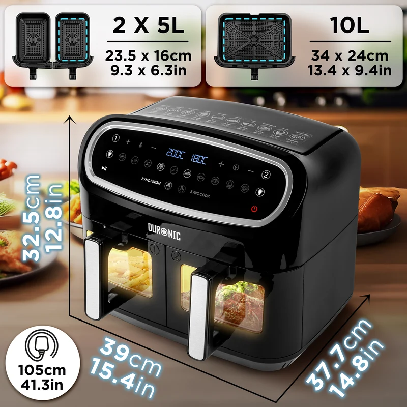 Duronic AF34 BK Set Friteuse à Air avec 1 grand tiroir de 10L et 2 petits tiroirs de 5L inclus | 10 Programmes de Cuisson Préréglés | Sans huile | Fonctions Sync Cook Sync Finish
