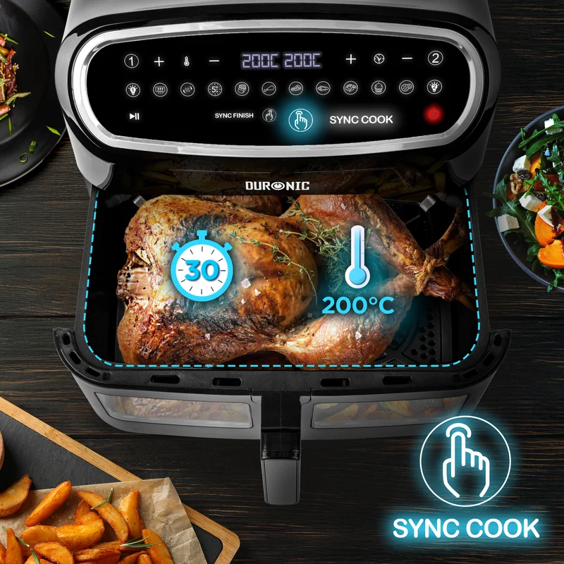 Duronic AF34 BK Set Friteuse à Air avec 1 grand tiroir de 10L et 2 petits tiroirs de 5L inclus | 10 Programmes de Cuisson Préréglés | Sans huile | Fonctions Sync Cook Sync Finish