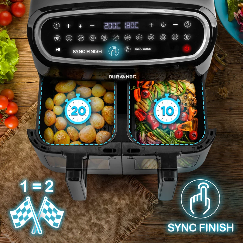 Duronic AF34 BK Set Friteuse à Air avec 1 grand tiroir de 10L et 2 petits tiroirs de 5L inclus | 10 Programmes de Cuisson Préréglés | Sans huile | Fonctions Sync Cook Sync Finish