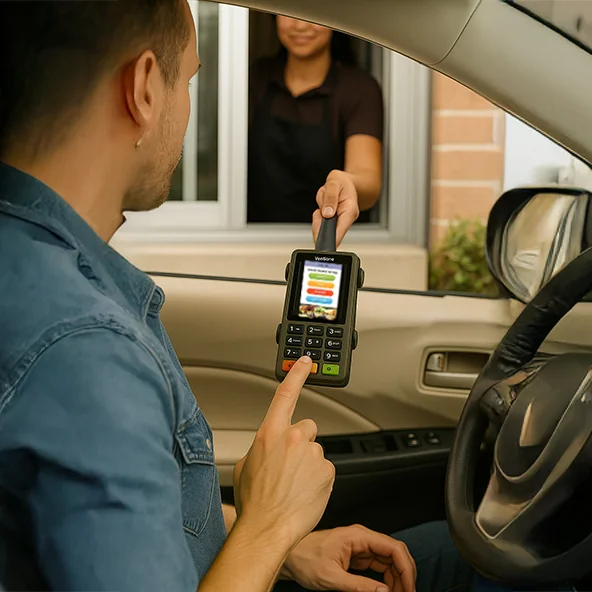 Support portable pour borne de paiement Dejavoo en service au volant