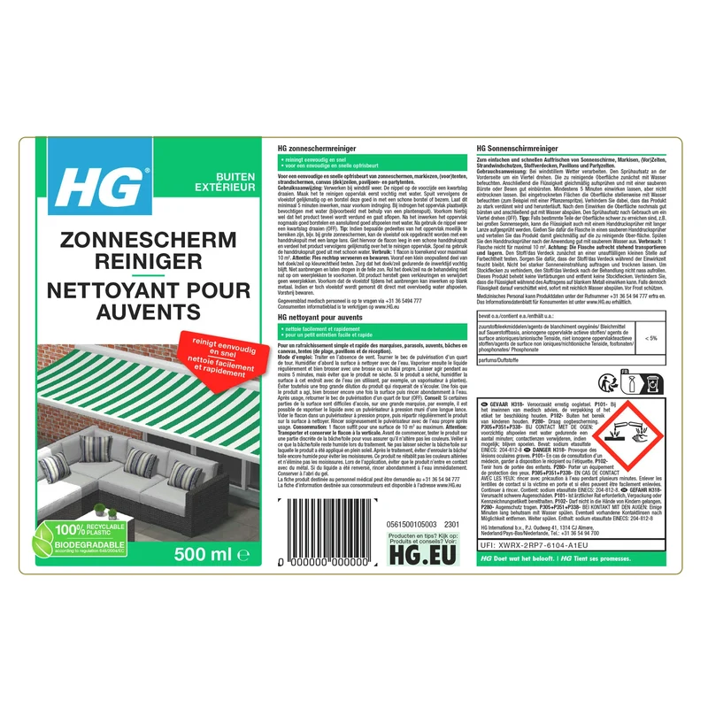 HG - parasoleil, bâche et nettoyant pour tente 500 ml