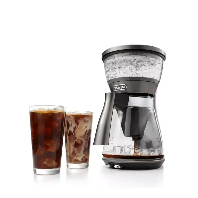 3-in-1 Specialty Brewer with certified SCA Golden Cup drip coffee, Over Ice and Pour Over brewing methods, in glass