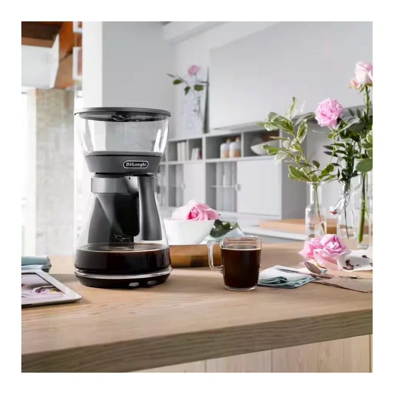 3-in-1 Specialty Brewer with certified SCA Golden Cup drip coffee, Over Ice and Pour Over brewing methods, in glass