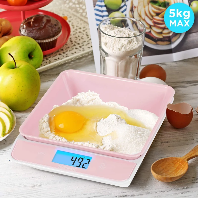 Duronic KS100 PK Balance de cuisine rose | Capacité de 5 kg | Bol de 1,2L inclus | Large écran rétroéclairé | Fonction d’ajout de poids | 4 capteurs précis | Idéale pour la pâtisserie ou comme balance postale