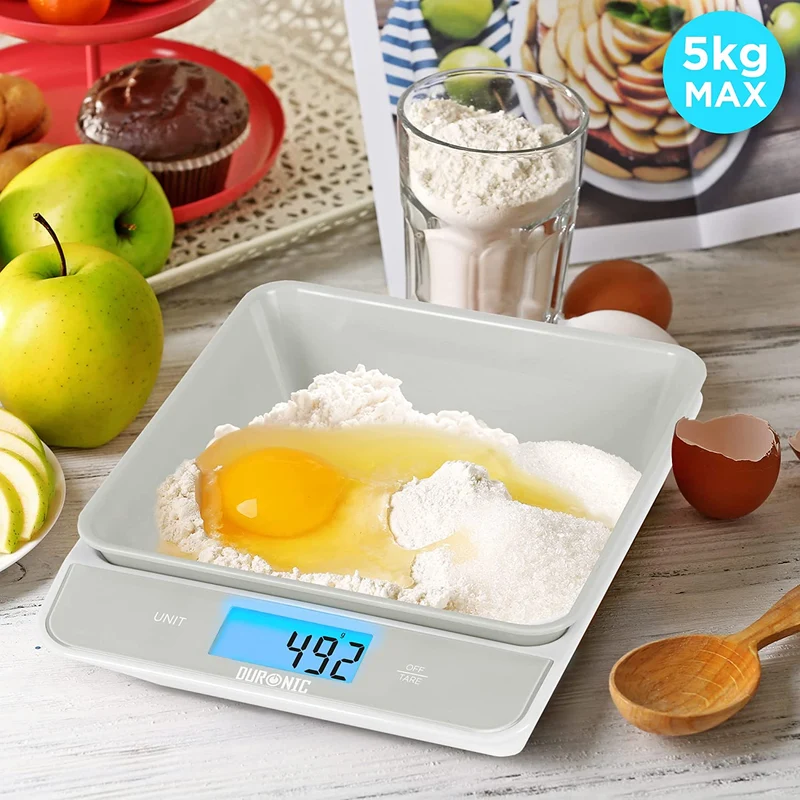 Duronic KS100 GY Balance de cuisine grise | Capacité de 5 kg | Bol de 1,2L inclus | Large écran rétroéclairé | Fonction d’ajout de poids | 4 capteurs précis | Idéale pour la pâtisserie ou comme balance postale