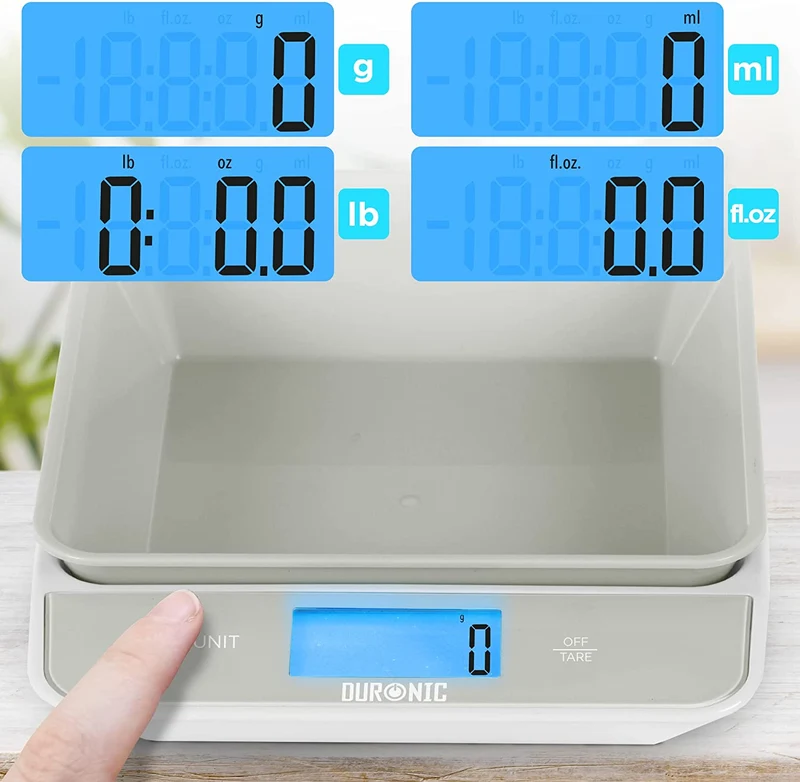 Duronic KS100 GY Balance de cuisine grise | Capacité de 5 kg | Bol de 1,2L inclus | Large écran rétroéclairé | Fonction d’ajout de poids | 4 capteurs précis | Idéale pour la pâtisserie ou comme balance postale