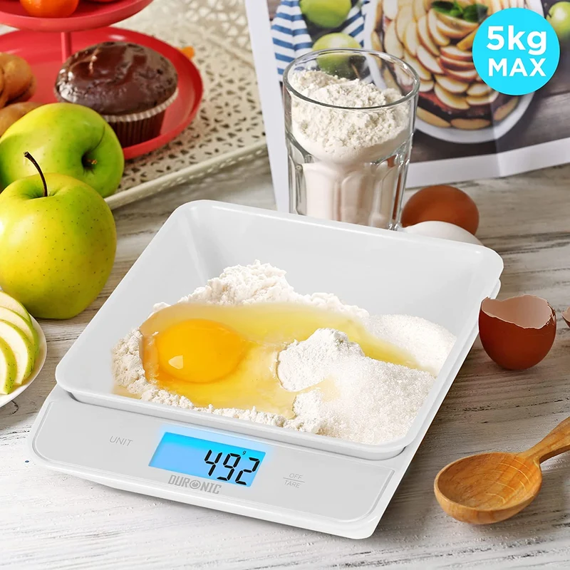Duronic KS100 WH Balance de cuisine blanche | Capacité de 5 kg | Bol de 1,2L inclus | Large écran rétroéclairé | Fonction d’ajout de poids | 4 capteurs précis | Idéale pour la pâtisserie ou comme balance postale
