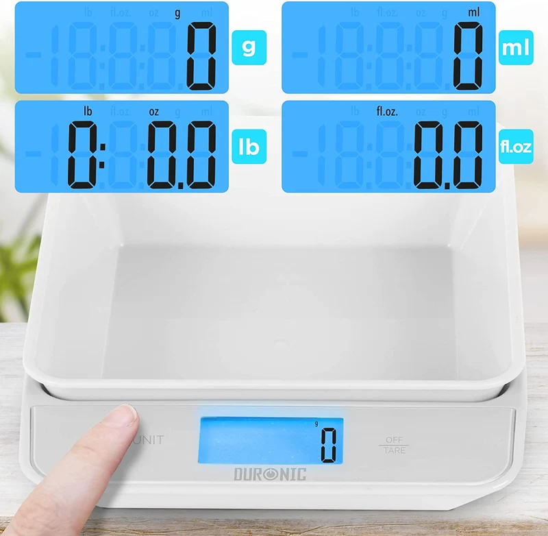 Duronic KS100 WH Balance de cuisine blanche | Capacité de 5 kg | Bol de 1,2L inclus | Large écran rétroéclairé | Fonction d’ajout de poids | 4 capteurs précis | Idéale pour la pâtisserie ou comme balance postale