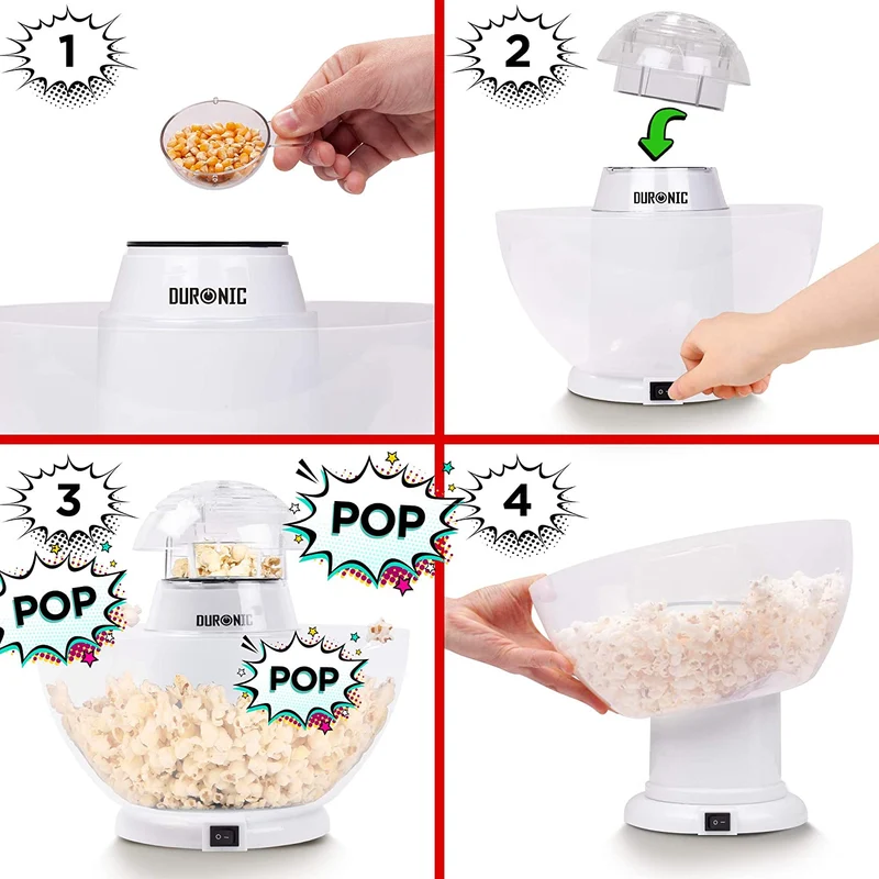Duronic POP50 WE Machine à Pop corn 1200W Appareil pour Popcorn Maïs soufflé facile sans huile Bol Démontable sans BPA 50 à 60 g en 3 Minutes Cuisson électrique à air chaud Faible en calories