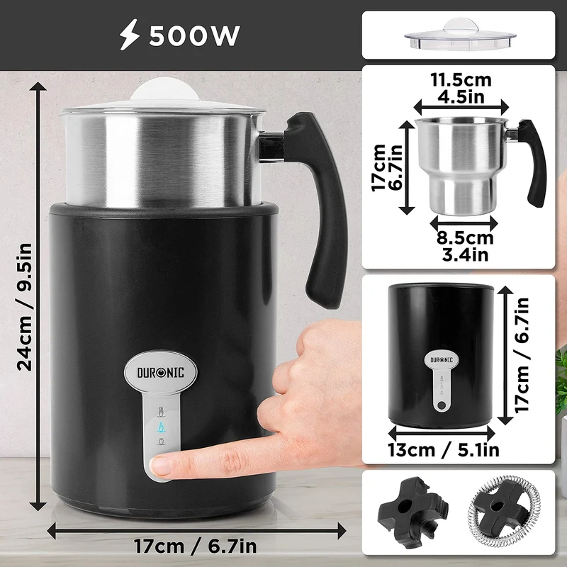 Duronic MF500 BK Mousseur à Lait électrique automatique 500W | Pour café, cappuccino, latte, chocolat chaud, thé matcha | Mousse chaude ou froide et lait chaud | Capacité 500 ml | Qualité Barista Pro