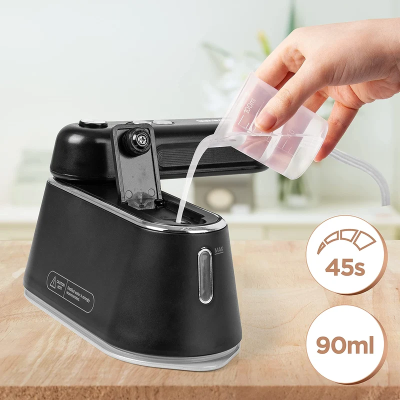 Duronic HS90 BK Fer à repasser de voyage Portable Utilisation horizontale et verticale 2 fonctions vapeur Poignée rétractable Compact et léger pour déplacements Sacoche base et cruche incluses