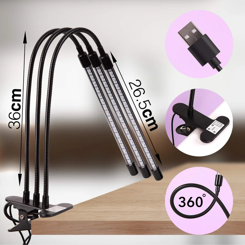 Duronic GLC36 Lampe de croissance horticole triple à pince 60W | Ampoules LED | 3 modes : bleu, rouge, mixte | Intensité ajustable | Prise USB | Lumière de culture pour plante fruit légume fleur herbe