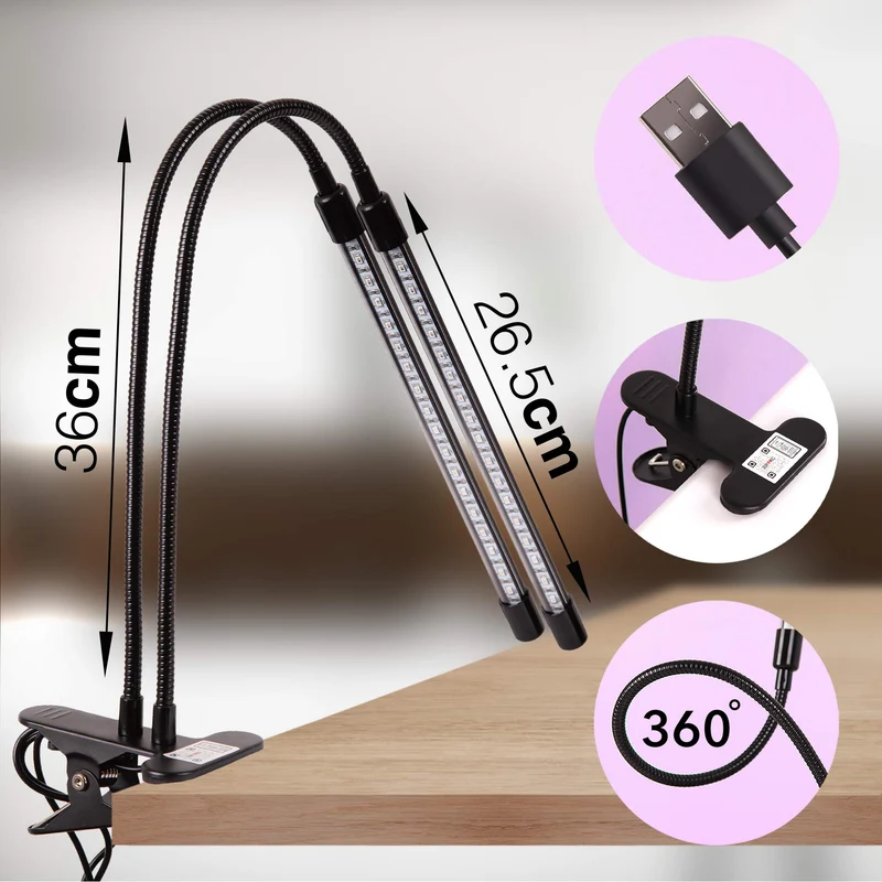 Duronic GLC24 Lampe de croissance horticole double à pince 40W | Ampoules LED | 3 modes : bleu, rouge, mixte | Intensité ajustable | Prise USB | Lumière de culture pour plante fruit légume fleur herbe