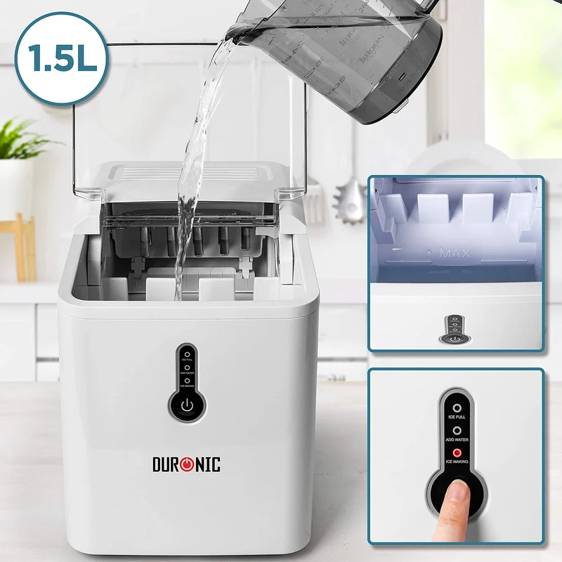 Duronic ICM120 WE Machine à glaçons automatique 120W | 9 cubes en 7 à 9 minutes | Panier de 600g et pelle à glace | Réservoir de 1,5 litre | Glace pour boissons fraiches cocktails fêtes
