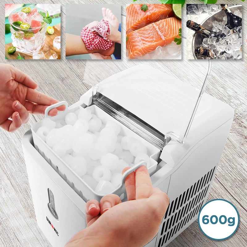 Duronic ICM120 WE Machine à glaçons automatique 120W | 9 cubes en 7 à 9 minutes | Panier de 600g et pelle à glace | Réservoir de 1,5 litre | Glace pour boissons fraiches cocktails fêtes