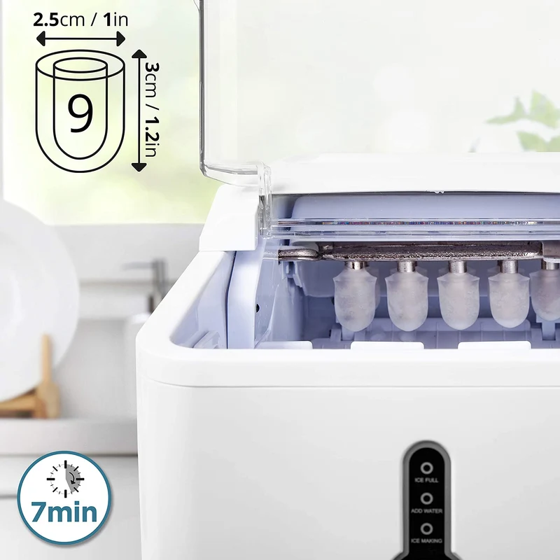 Duronic ICM120 WE Machine à glaçons automatique 120W | 9 cubes en 7 à 9 minutes | Panier de 600g et pelle à glace | Réservoir de 1,5 litre | Glace pour boissons fraiches cocktails fêtes