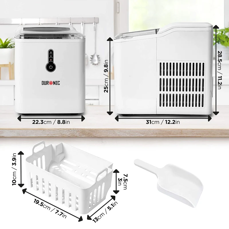 Duronic ICM120 WE Machine à glaçons automatique 120W | 9 cubes en 7 à 9 minutes | Panier de 600g et pelle à glace | Réservoir de 1,5 litre | Glace pour boissons fraiches cocktails fêtes