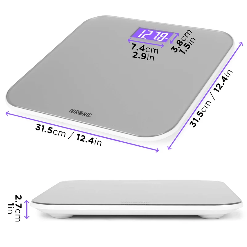 Duronic BS603 Balance Corporelle / Pèse Personne | Capacité élevée de 180kg | Ecran LCD éclairé lisible | Verre renforcé gris| Mesure en kilogrammes | Automatique | 4 Capteurs | Surveillez votre poids