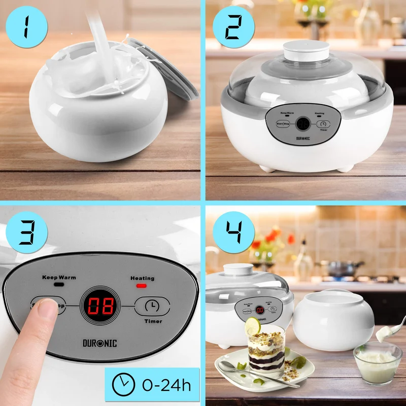 Duronic YM1 Yaourtière électrique programmable 1 pot de 1500 ml Machine à yaourt avec Thermostat et Pot de 1.5 L en Céramique Préparer des yaourts et desserts faits-maison