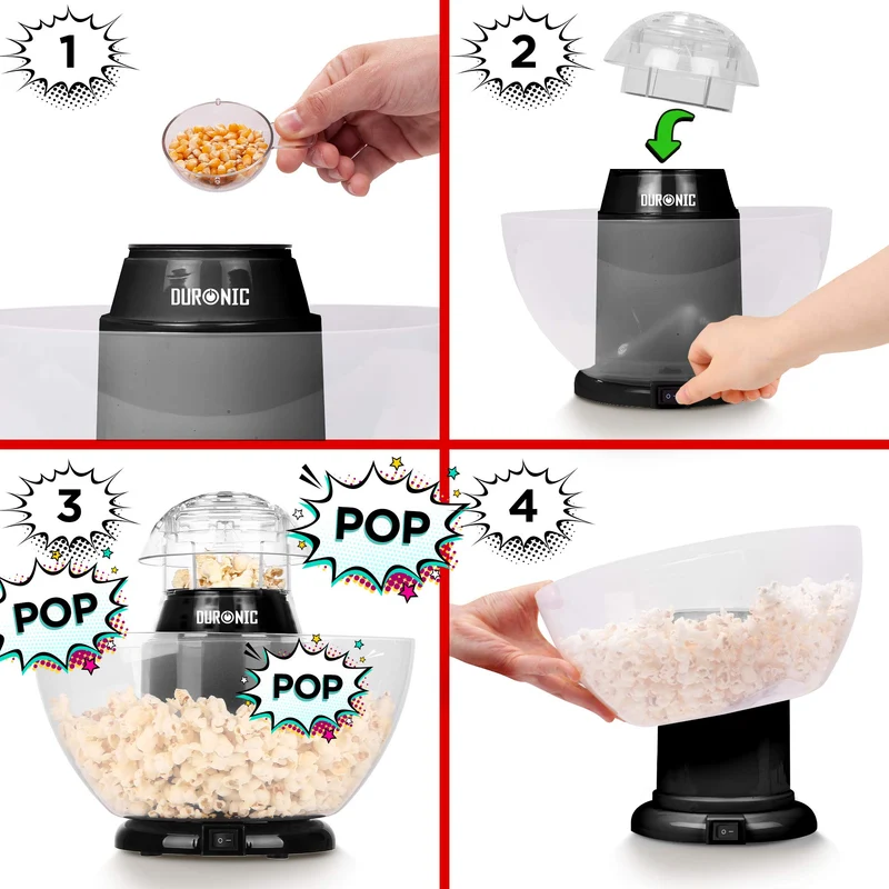 Duronic POP50 BK Machine à Pop corn 1200W Appareil pour Popcorn Maïs soufflé facile sans huile Bol Démontable sans BPA 50 à 60 g en 3 Minutes Cuisson électrique à air chaud Faible en calories