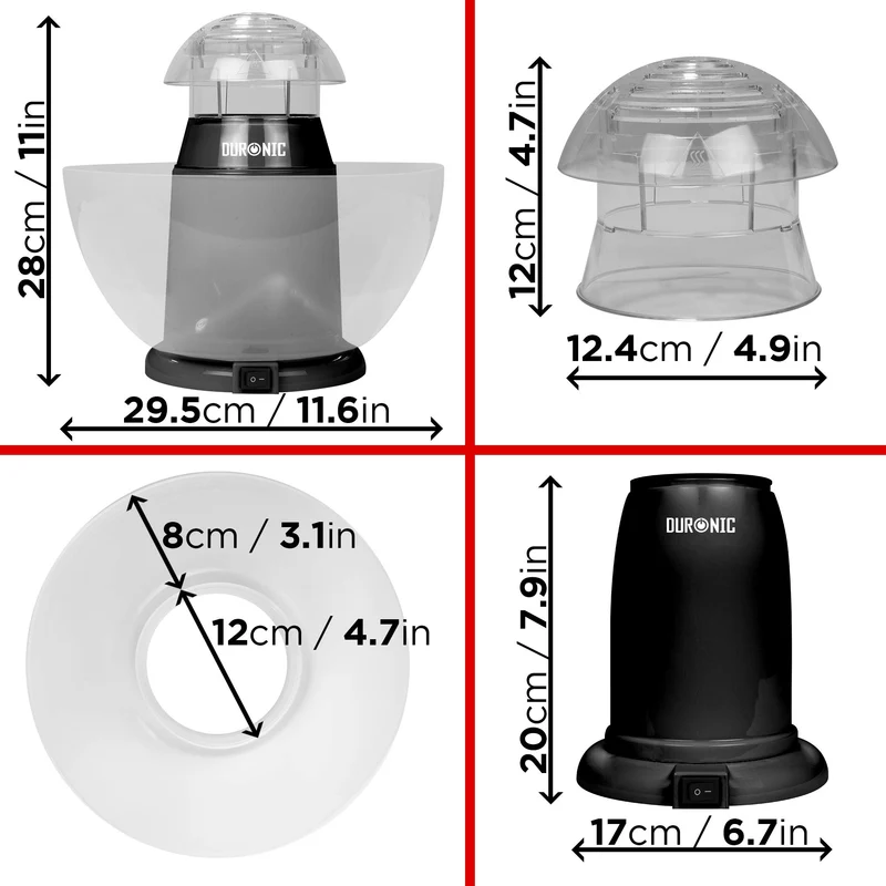 Duronic POP50 BK Machine à Pop corn 1200W Appareil pour Popcorn Maïs soufflé facile sans huile Bol Démontable sans BPA 50 à 60 g en 3 Minutes Cuisson électrique à air chaud Faible en calories