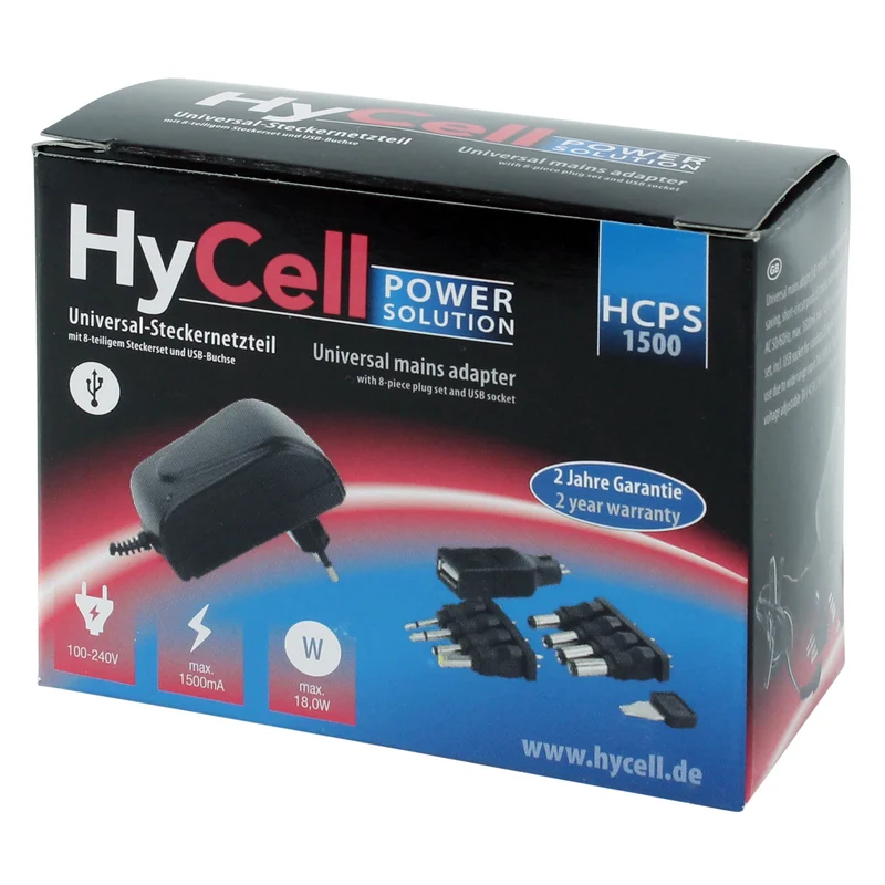HYCELL - alimentation universelle 18W + 8 embouts et USB-A(F) - HCPS1500