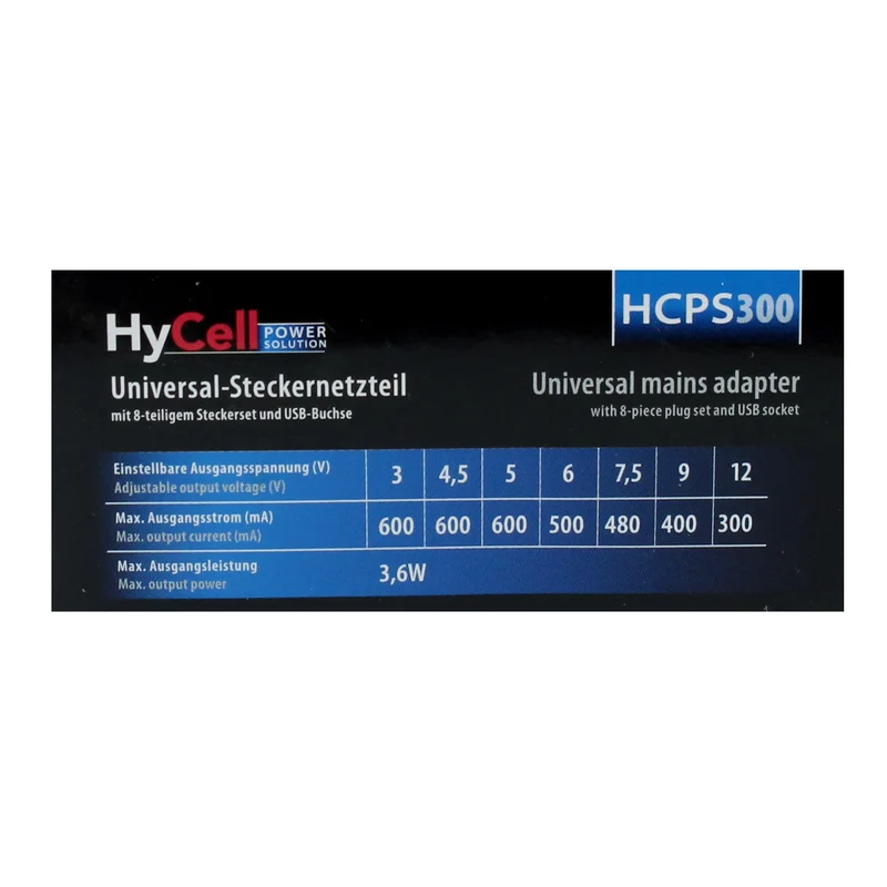 HYCELL - alimentation universelle 3,6W + 8 embouts et USB-A(F) - HCPS300