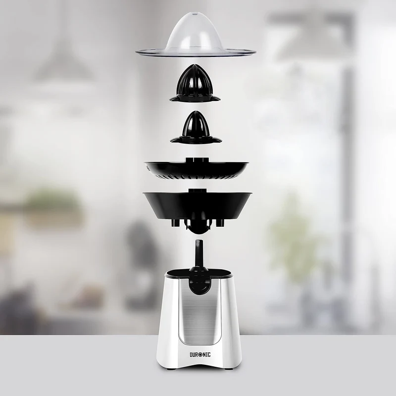 Duronic JE6 SR Presse-agrume électrique compact en inox de 100W - Bec verseur - 2 Cônes interchangeables - Idéal pour jus d'agrumes, citrons et oranges