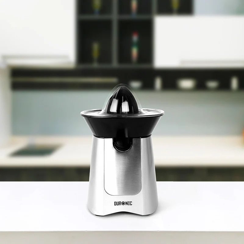 Duronic JE6 SR Presse-agrume électrique compact en inox de 100W - Bec verseur - 2 Cônes interchangeables - Idéal pour jus d'agrumes, citrons et oranges