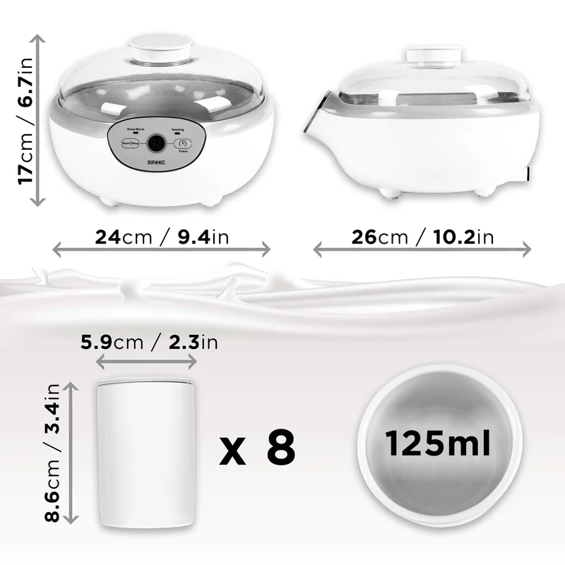 Duronic YM2 Yaourtière électrique programmable 8 pots de 125 ml Machine à yaourt avec Thermostat et Pots en Céramique Préparer des yaourts et desserts faits-maison