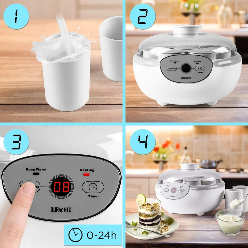 Duronic YM2 Yaourtière électrique programmable 8 pots de 125 ml Machine à yaourt avec Thermostat et Pots en Céramique Préparer des yaourts et desserts faits-maison