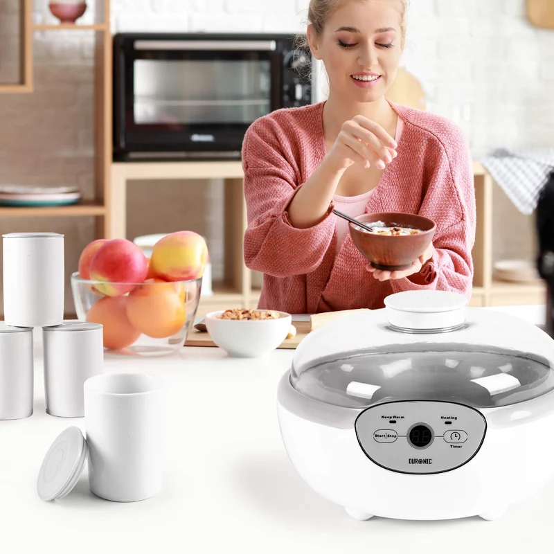 Duronic YM2 Yaourtière électrique programmable 8 pots de 125 ml Machine à yaourt avec Thermostat et Pots en Céramique Préparer des yaourts et desserts faits-maison
