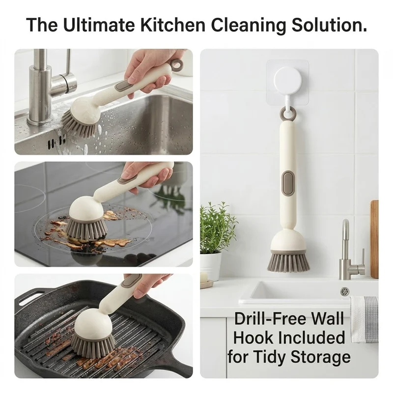 Press Clean Soap Dispensing Pot Scrub Brush