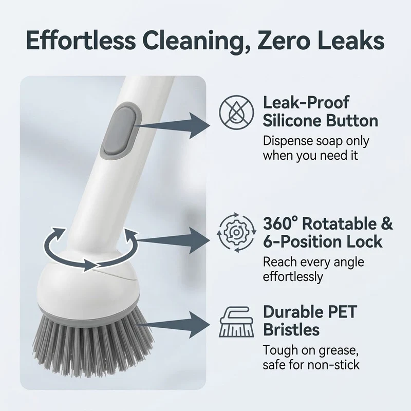 Press Clean Soap Dispensing Pot Scrub Brush