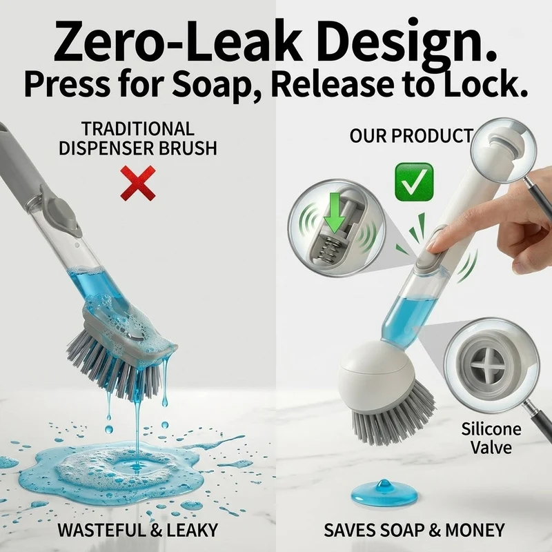 Press Clean Soap Dispensing Pot Scrub Brush