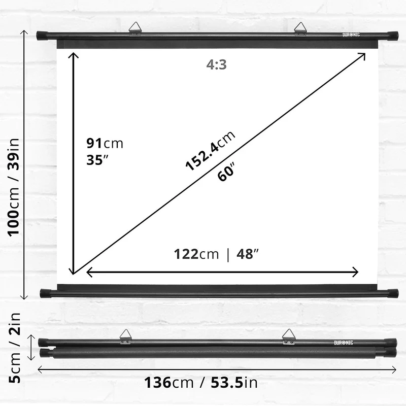 Duronic BPS60 /43 Ecran de Projection avec Barres et Crochets pour vidéoprojecteur - Toile de 60 Pouces ou 152 cm (122 x 91 cm)