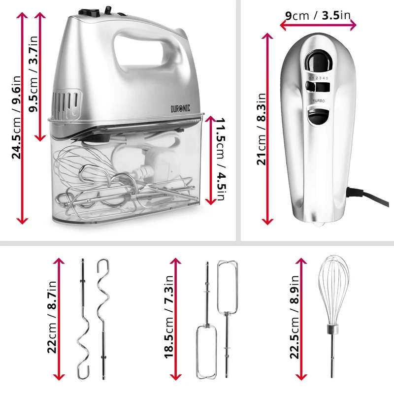 Duronic HM4 SR Batteur électrique cuisine à main 400W | 5 vitesses avec fonction Turbo | Compartiment de rangement | 2 batteurs 2 crochets à pétrir et 1 fouet | Argenté