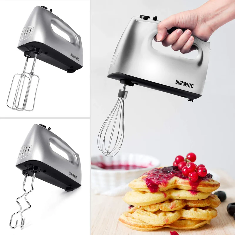Duronic HM4 SR Batteur électrique cuisine à main 400W | 5 vitesses avec fonction Turbo | Compartiment de rangement | 2 batteurs 2 crochets à pétrir et 1 fouet | Argenté